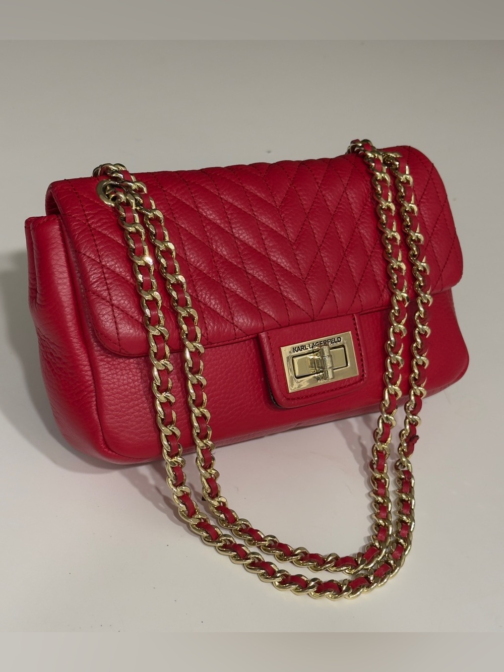 KARL LAGERFELD Red Soft Quilted Leather Shoulder Bag Gold Chain Turn Lock Purse